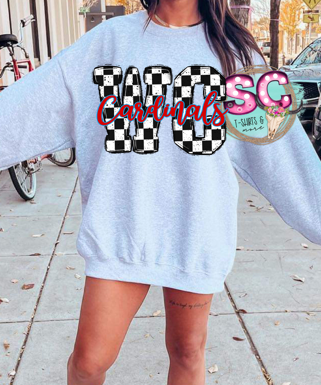 Checkered mascot sweatshirt. Put mascot you want in the notes