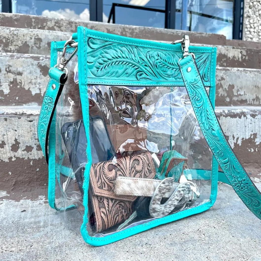 Teal real leather clear purse